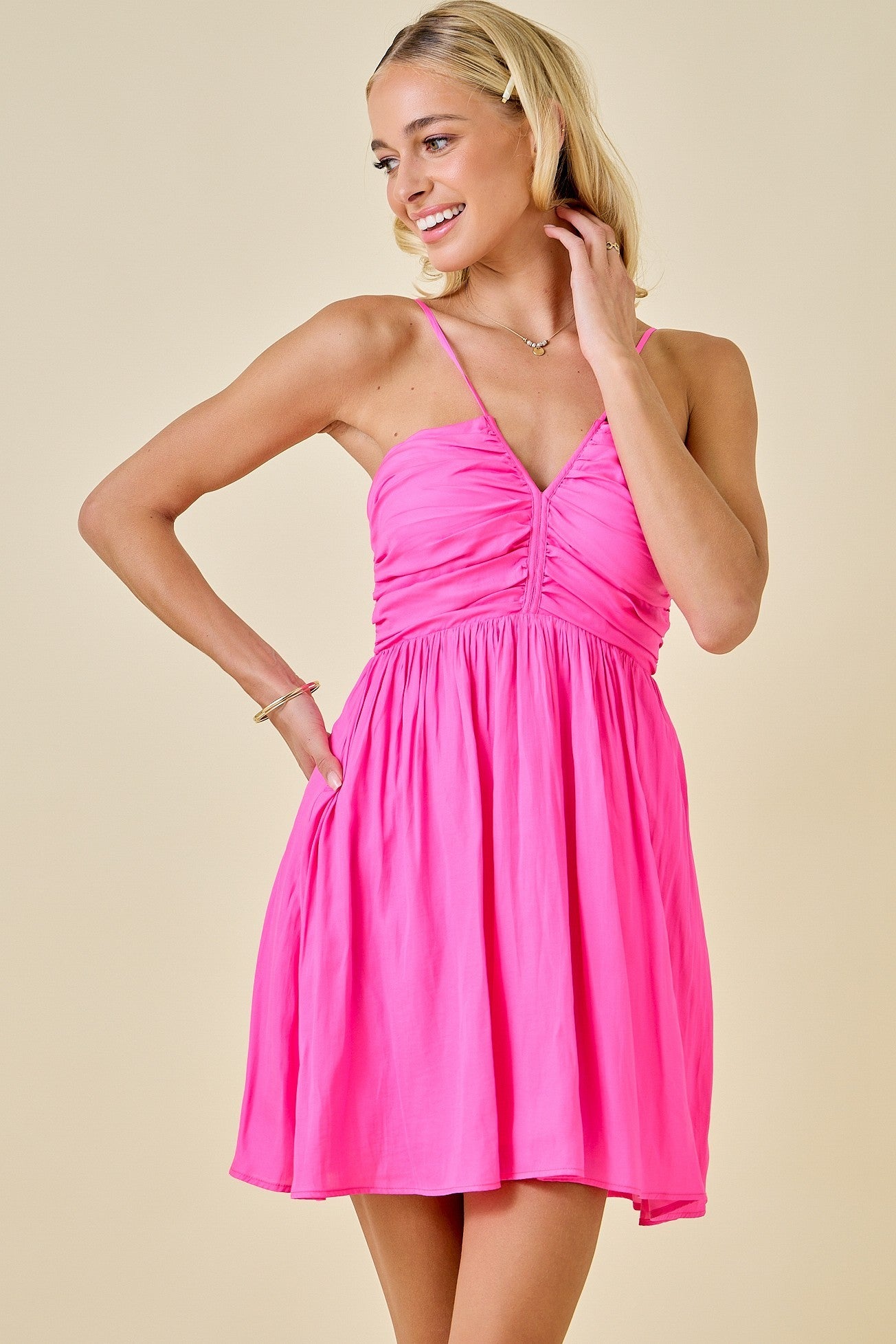 Shirred V-Neck Bright Mini Dress