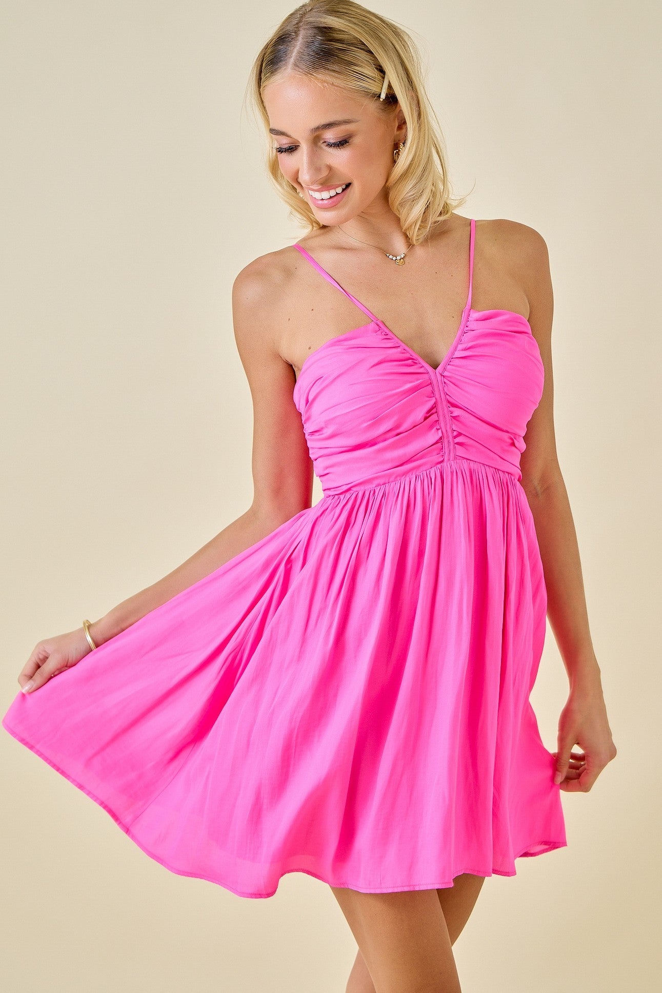 Shirred V-Neck Bright Mini Dress