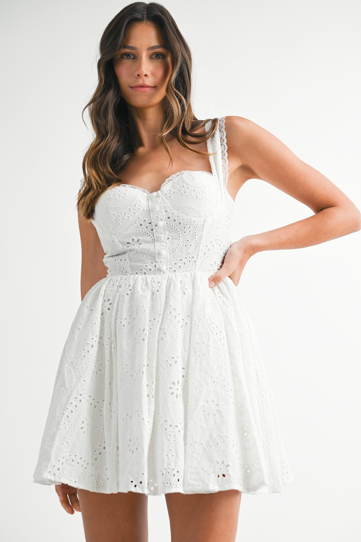 Eyelet Lace Sweetheart Neckline Mini Dress