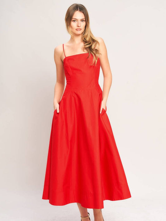 Solid Red Woven Midi Dress