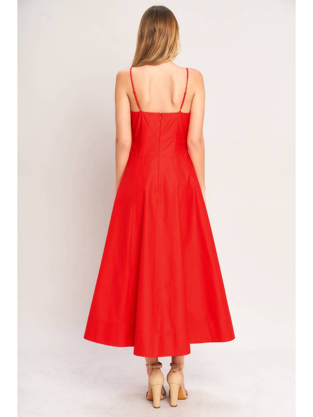 Solid Red Woven Midi Dress
