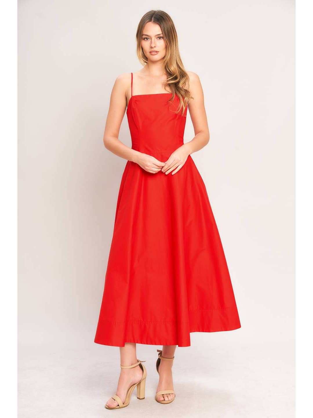 Solid Red Woven Midi Dress