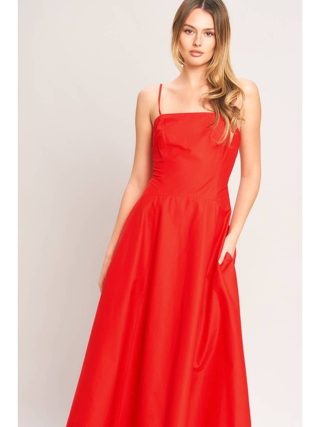 Solid Red Woven Midi Dress
