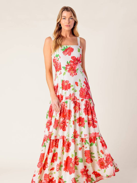 White & Red Floral Maxi Dress