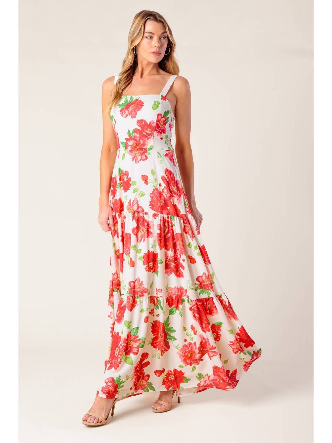 White & Red Floral Maxi Dress