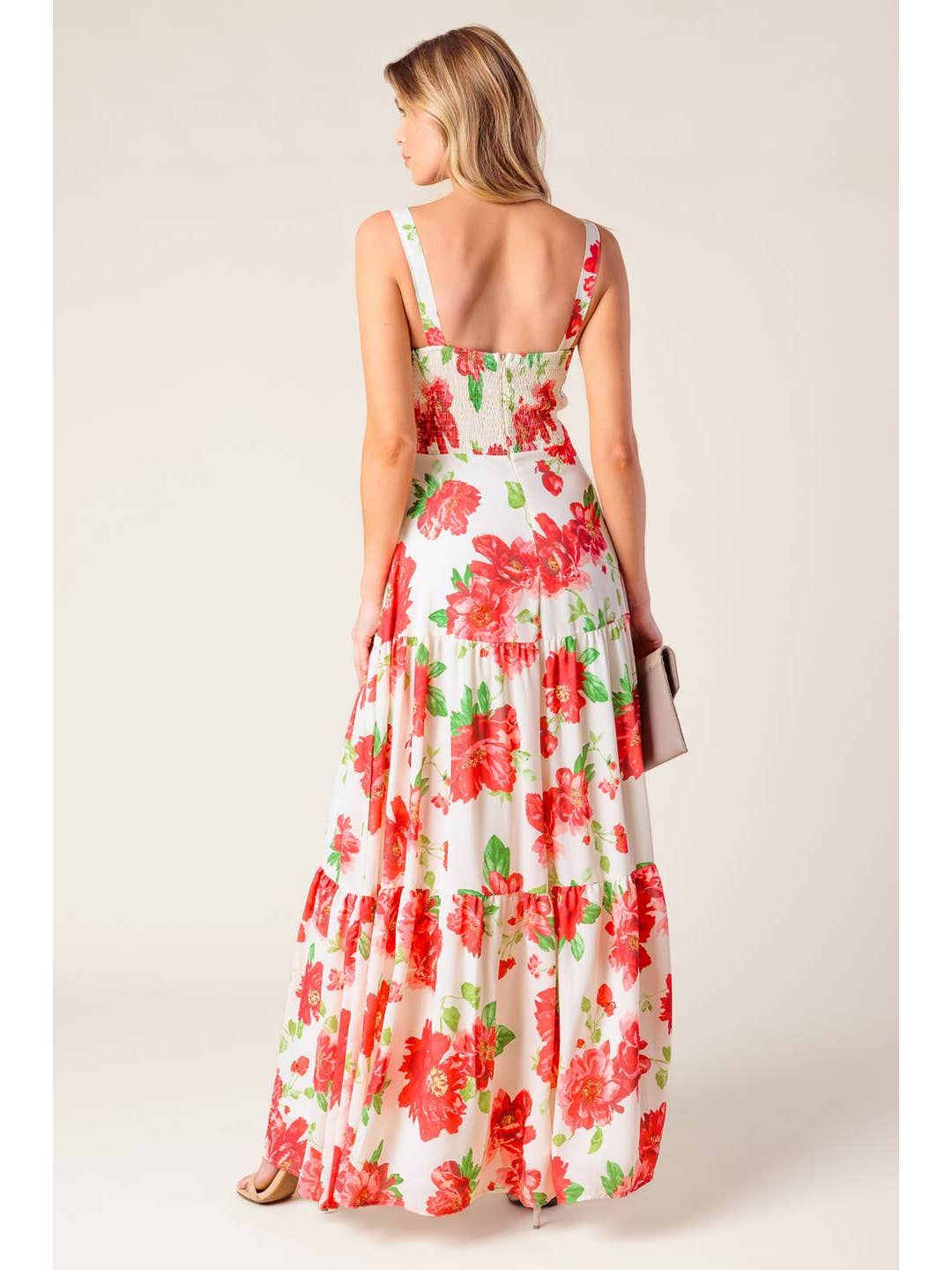 White & Red Floral Maxi Dress