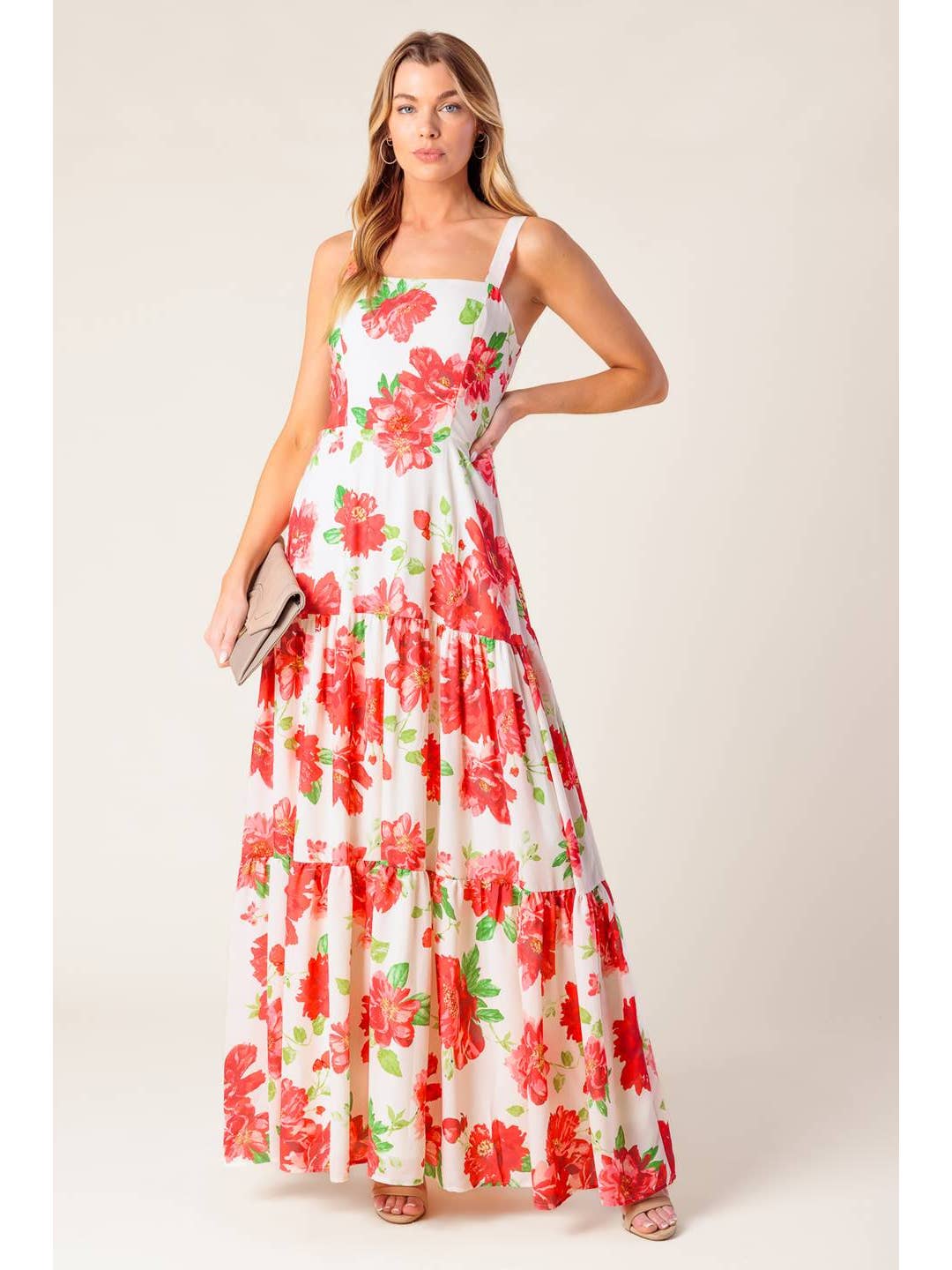 White & Red Floral Maxi Dress