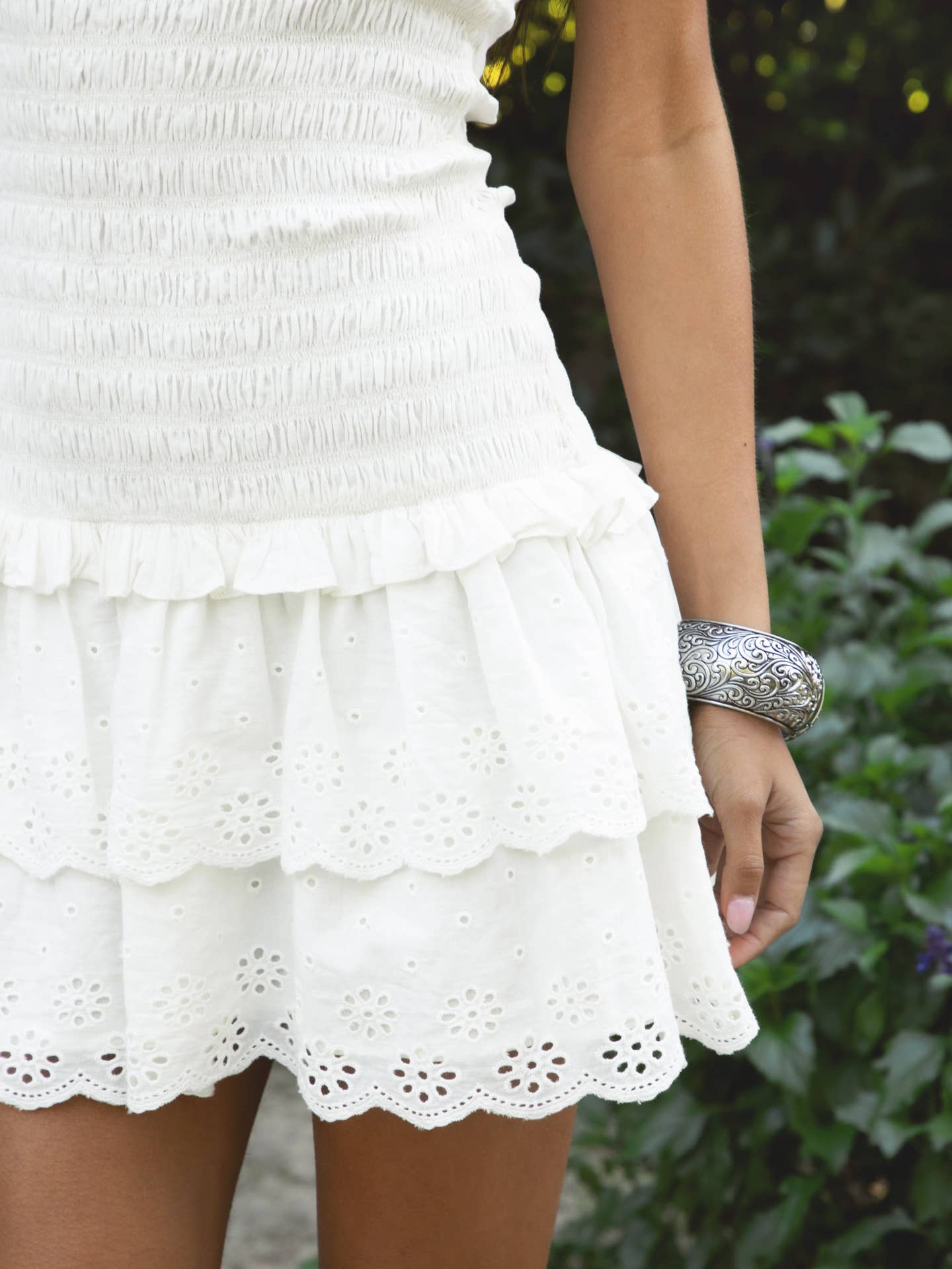 Cream Eyelet Smocked Mini Dress