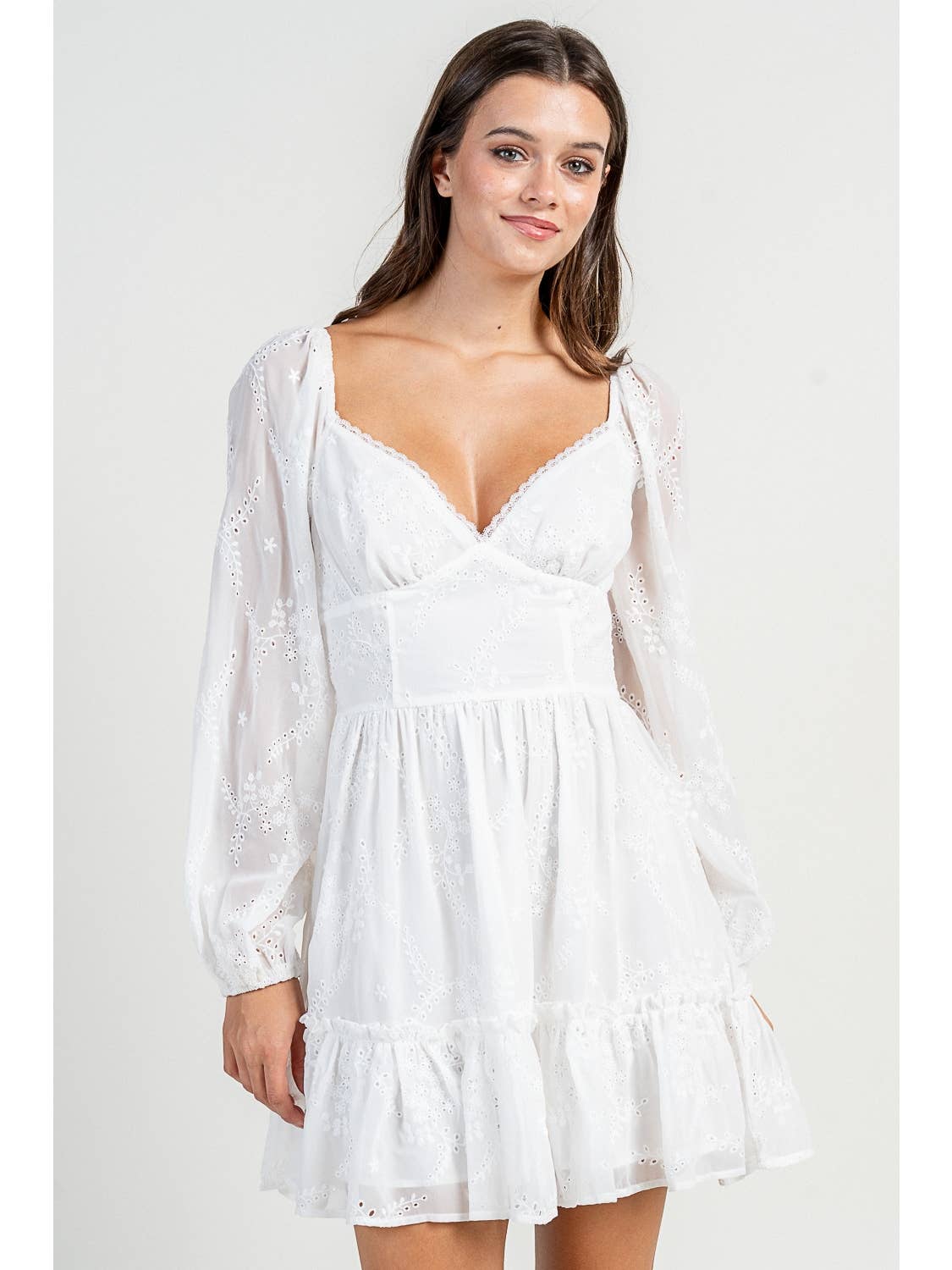 White Long Sleeve Eyelet Mini Dress