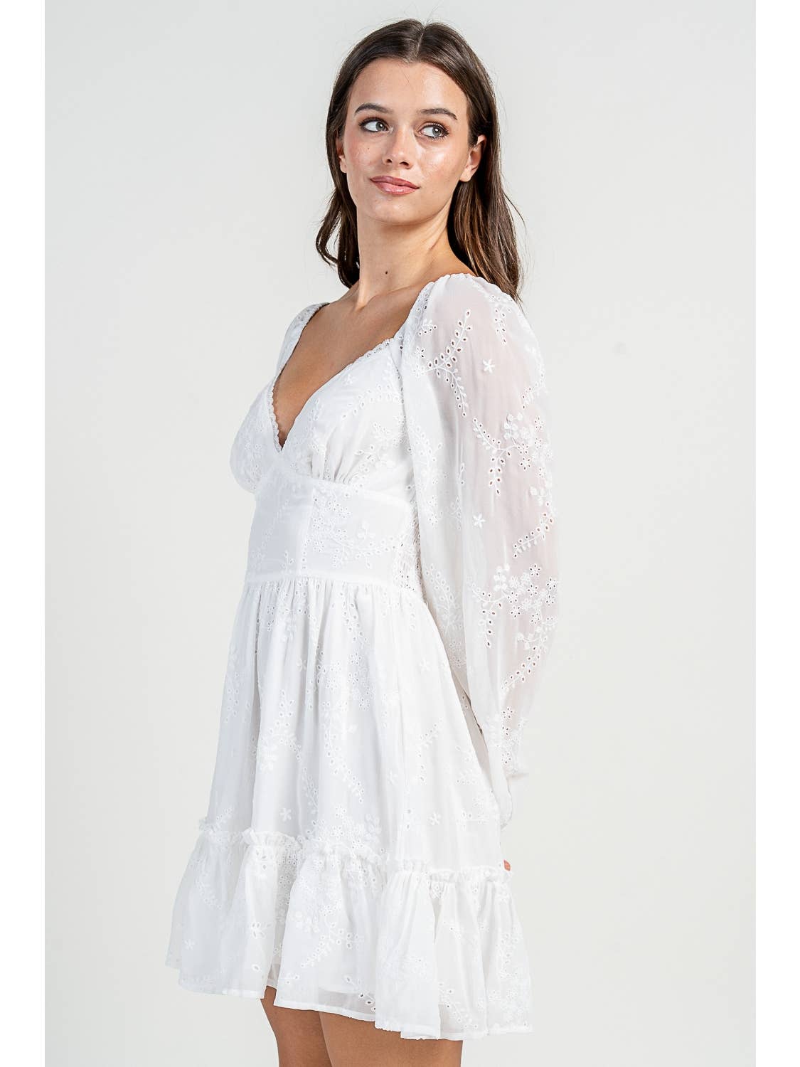 White Long Sleeve Eyelet Mini Dress