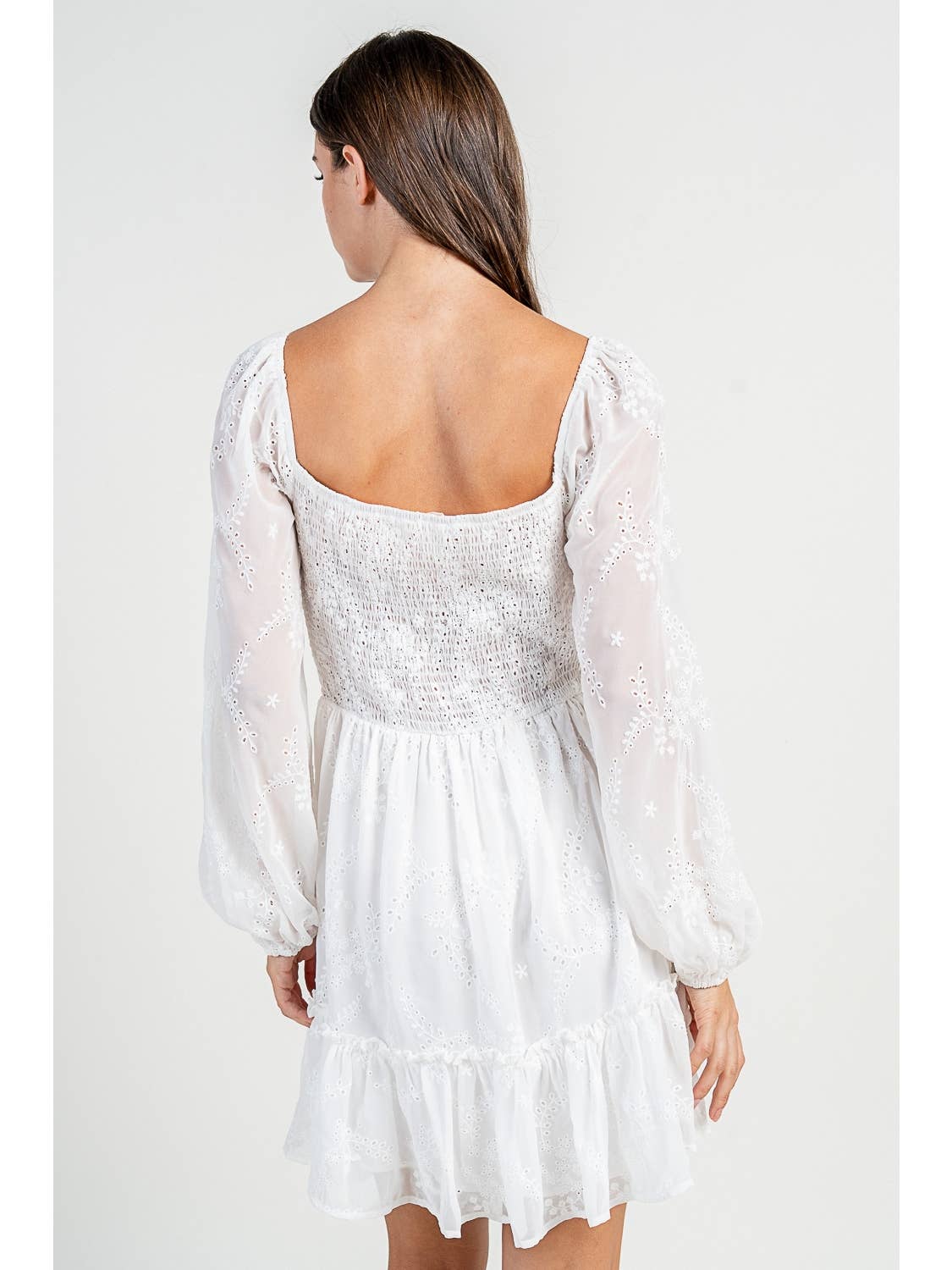 White Long Sleeve Eyelet Mini Dress