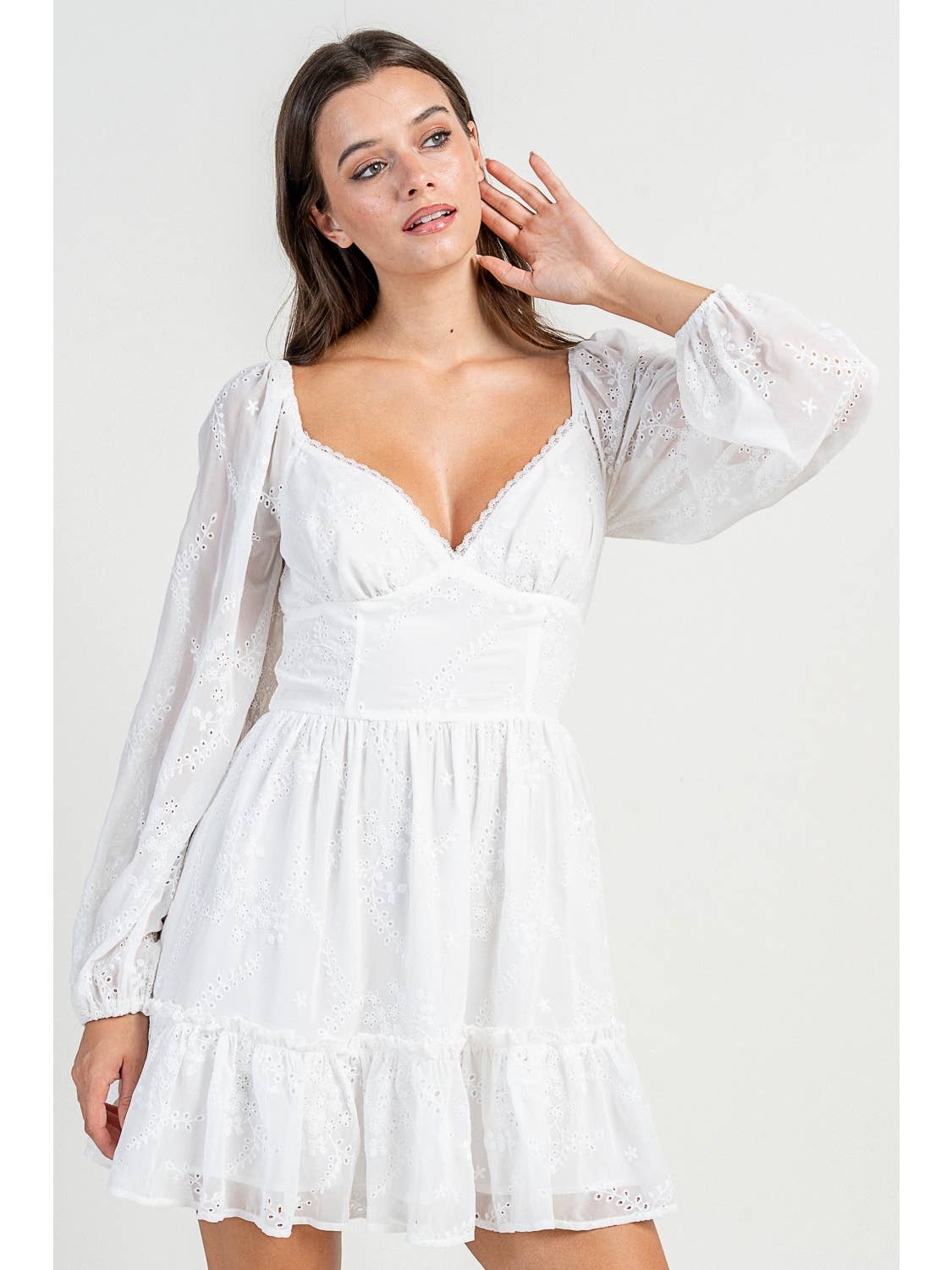 White Long Sleeve Eyelet Mini Dress
