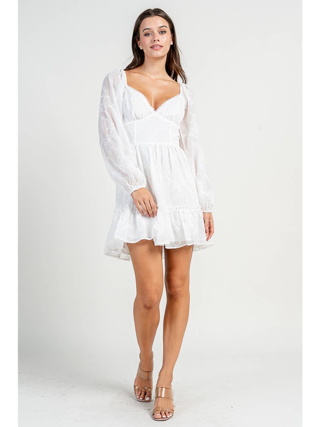 White Long Sleeve Eyelet Mini Dress