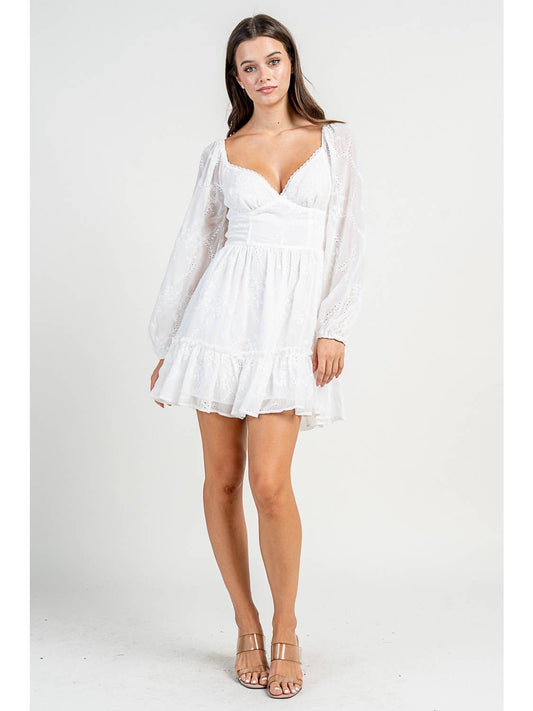 White Long Sleeve Eyelet Mini Dress