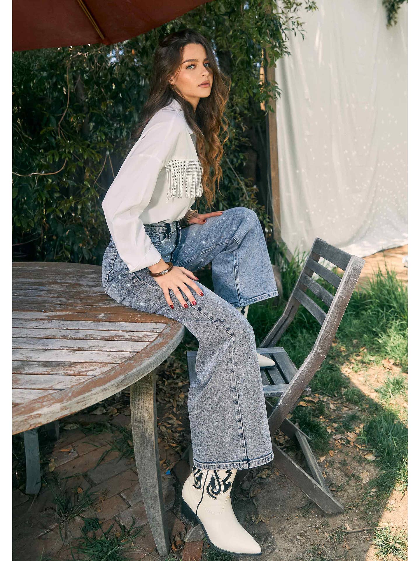 Rhinestone Wide Leg Denim