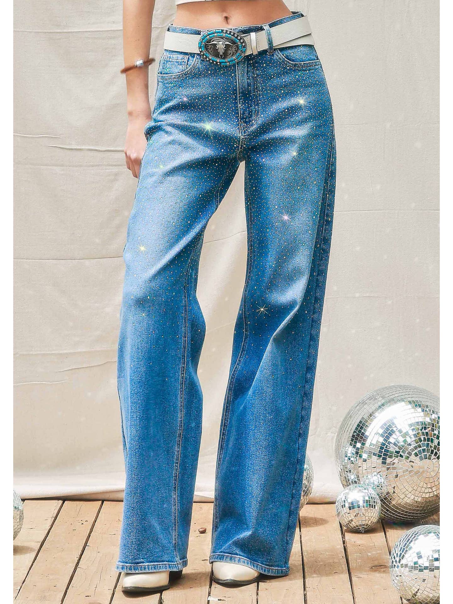 Rhinestone Wide Leg Denim
