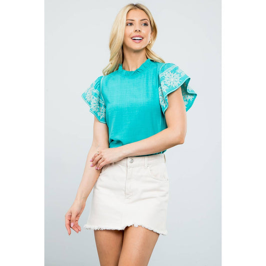 Flutter Sleeve Embroidered Teal Top