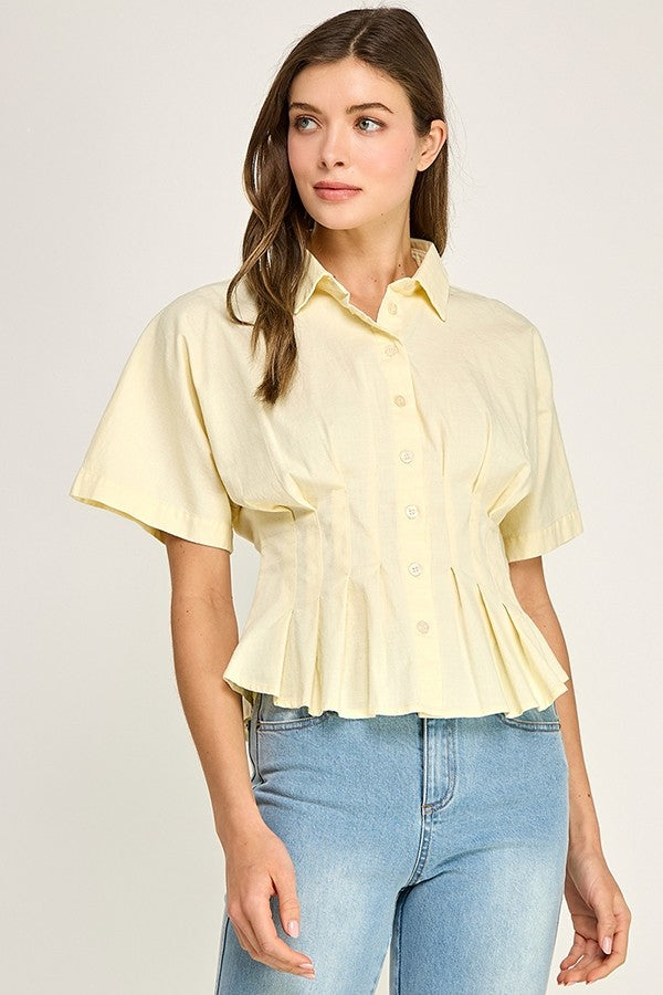 Pleated Short Sleeve Button Top