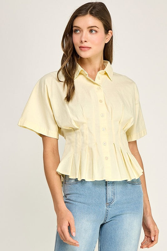 Pleated Short Sleeve Button Top