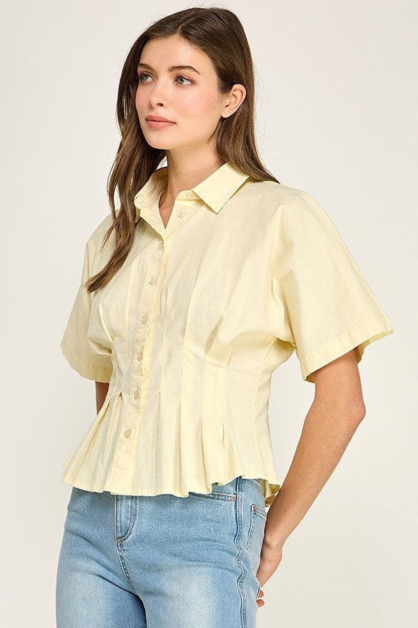 Pleated Short Sleeve Button Top