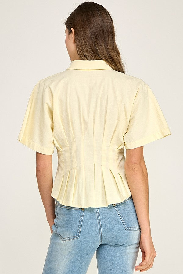 Pleated Short Sleeve Button Top
