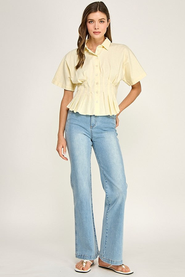 Pleated Short Sleeve Button Top