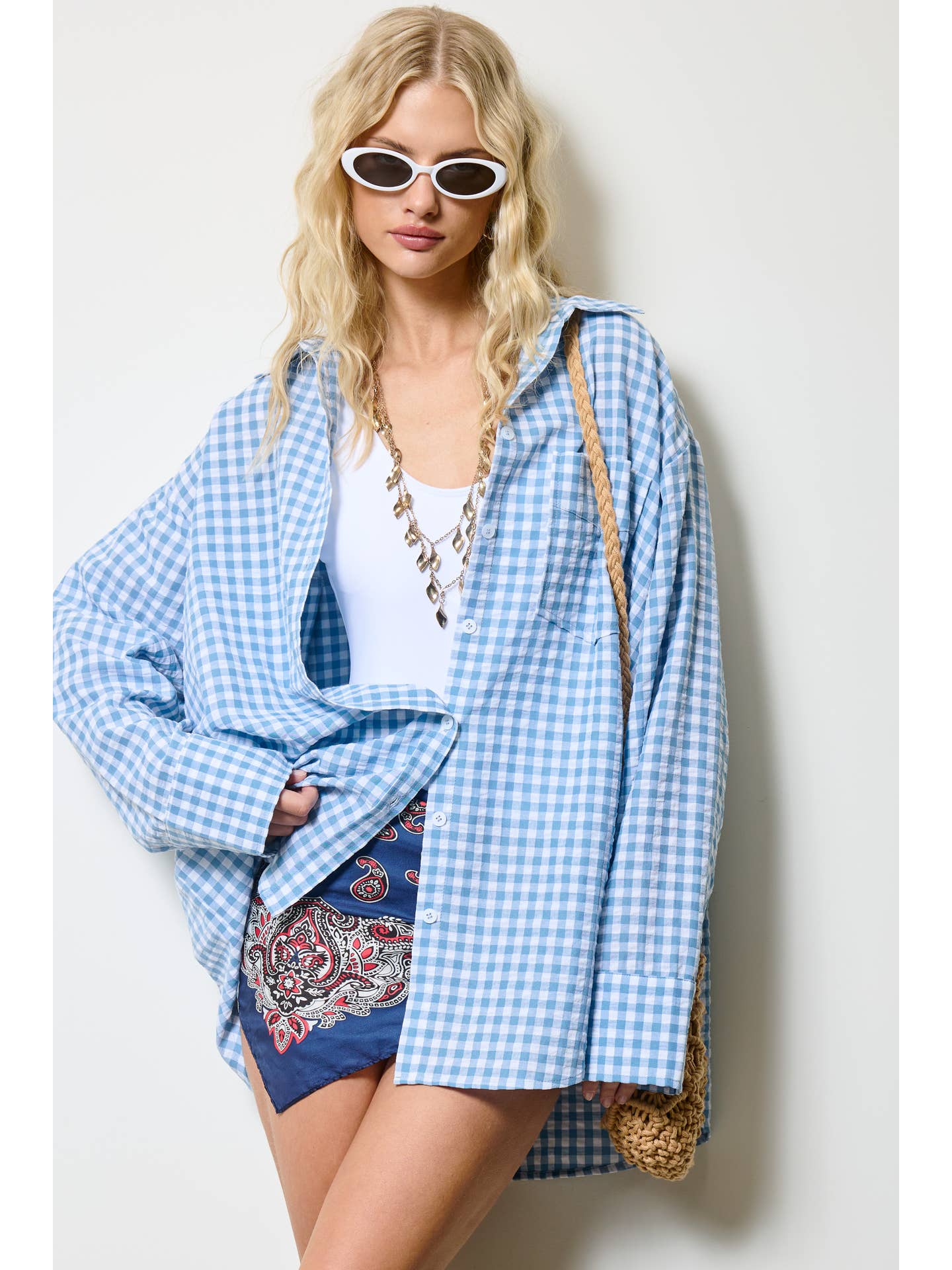 Blue Gingham Oversize Button Down Top