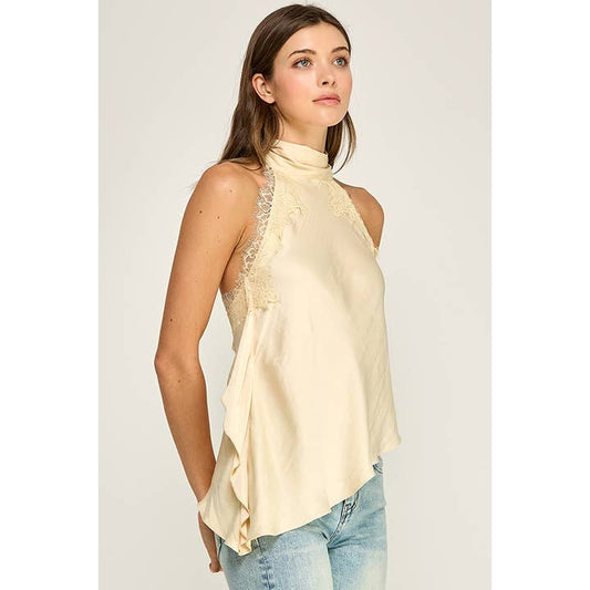Satin & Lace Asymmetric Halter Top