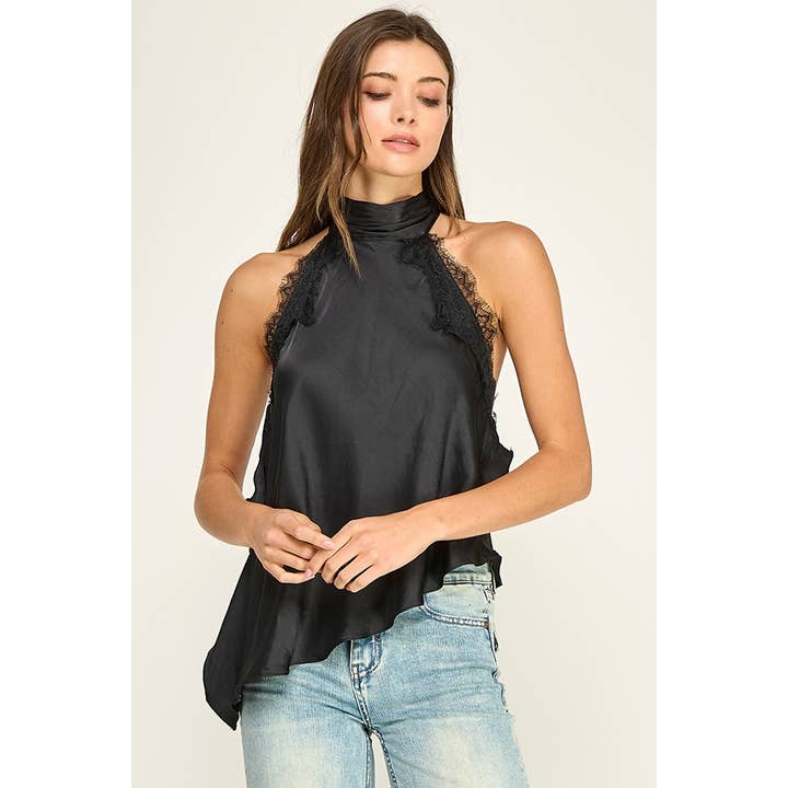 Satin & Lace Asymmetric Halter Top