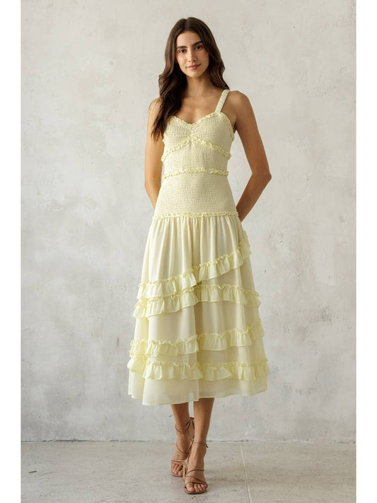 Pale Yellow Ruffle Tier Midi Dress