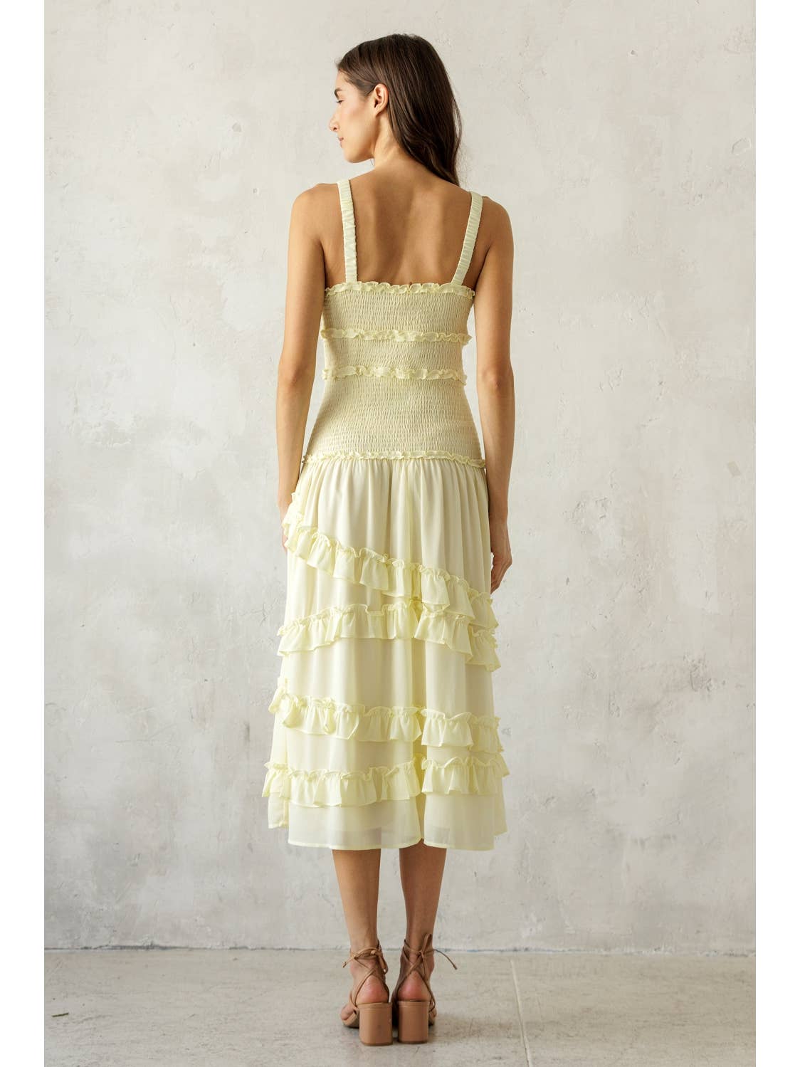 Pale Yellow Ruffle Tier Midi Dress