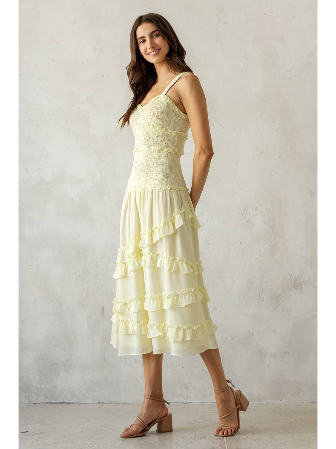 Pale Yellow Ruffle Tier Midi Dress
