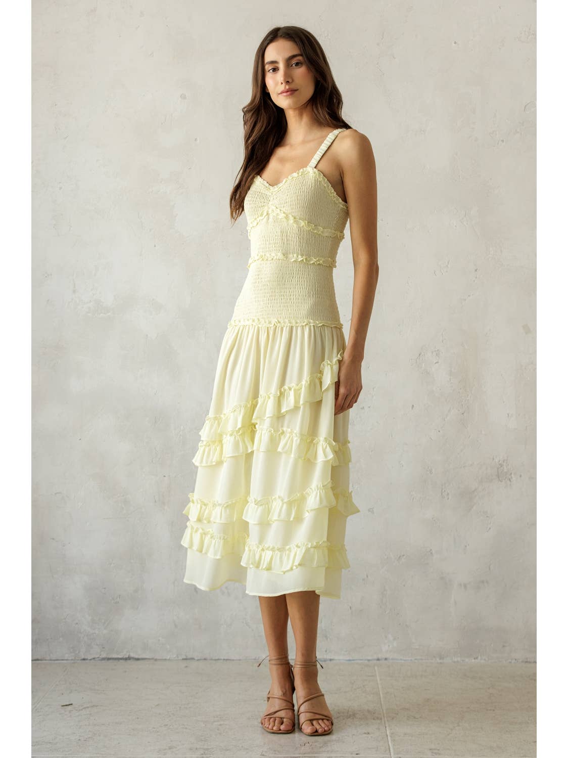 Pale Yellow Ruffle Tier Midi Dress