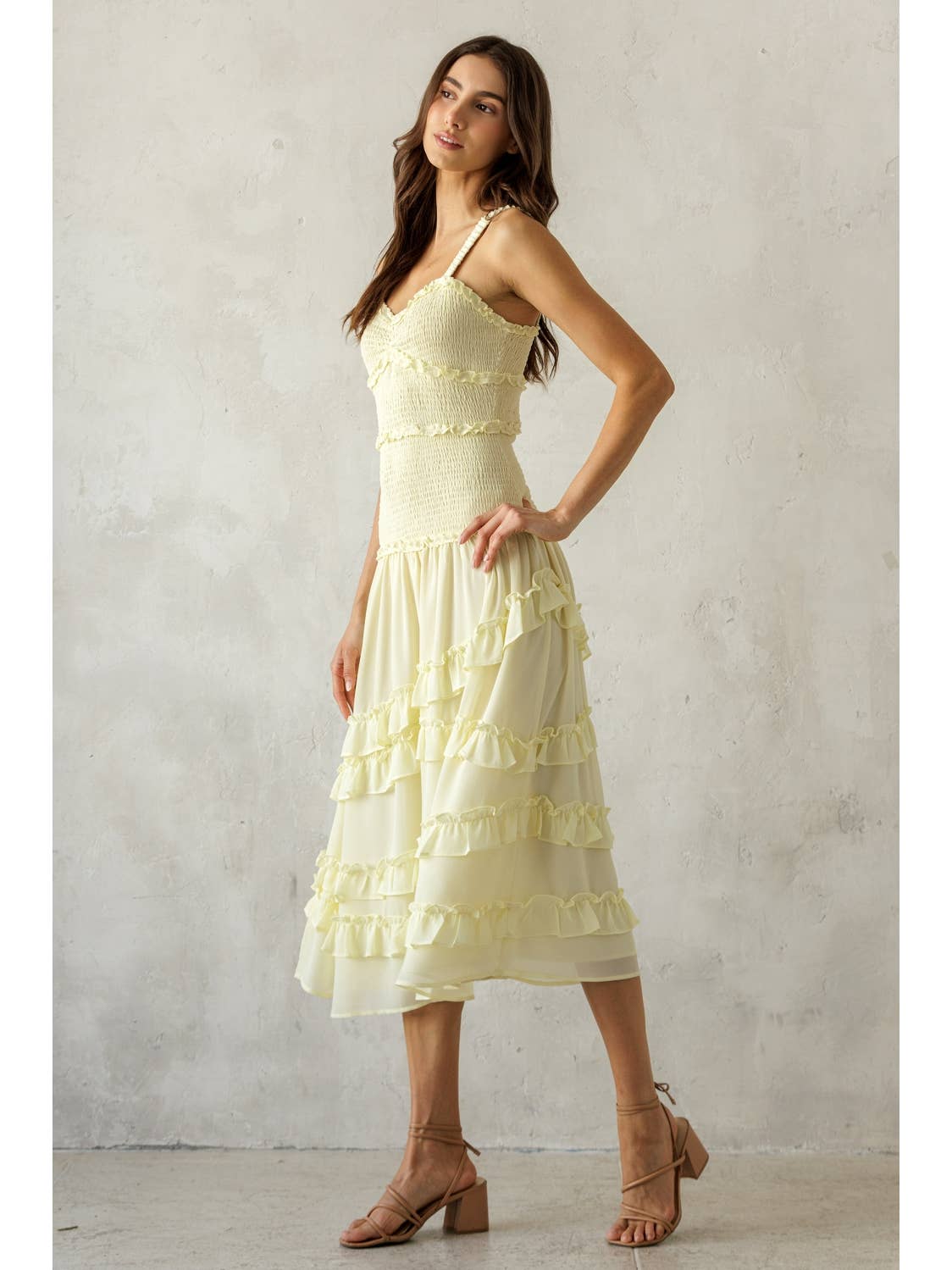 Pale Yellow Ruffle Tier Midi Dress