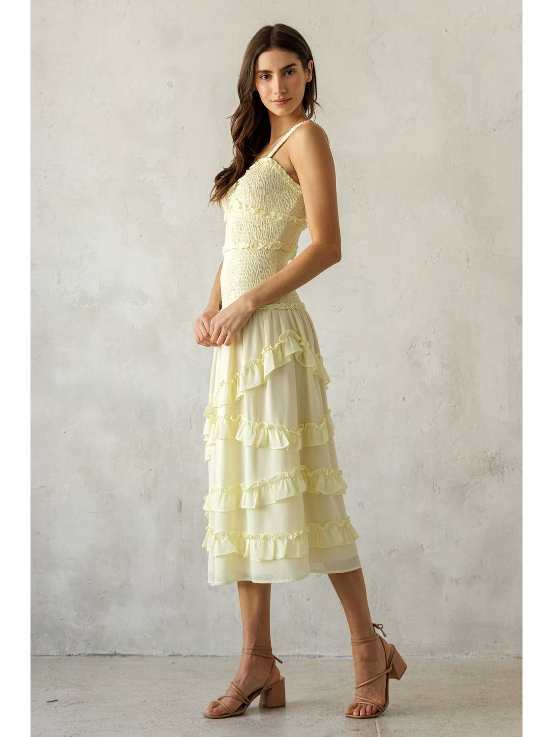 Pale Yellow Ruffle Tier Midi Dress