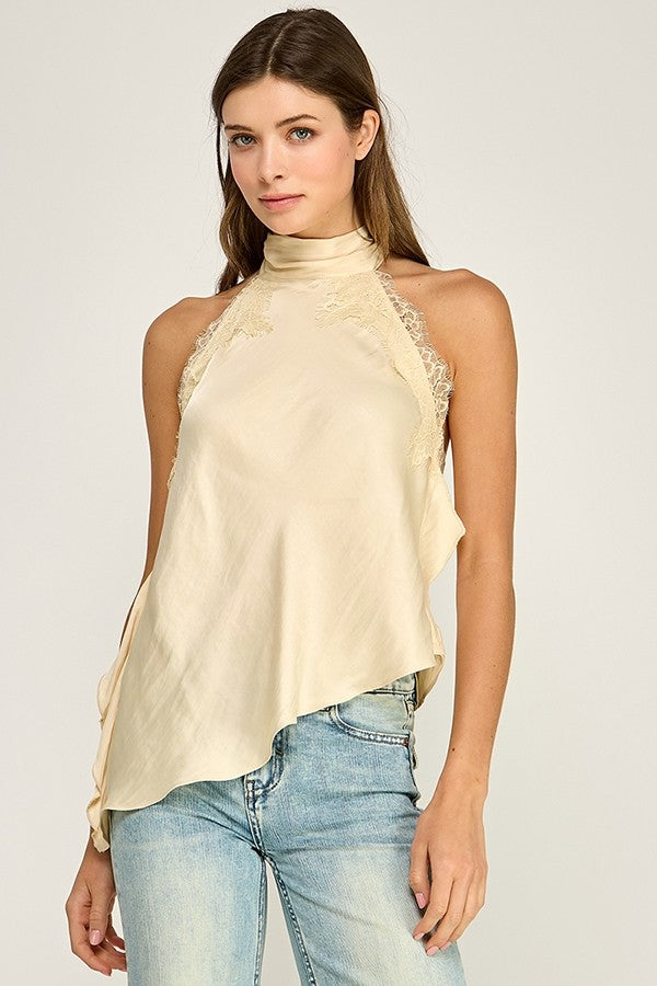 Satin & Lace Asymmetric Halter Top