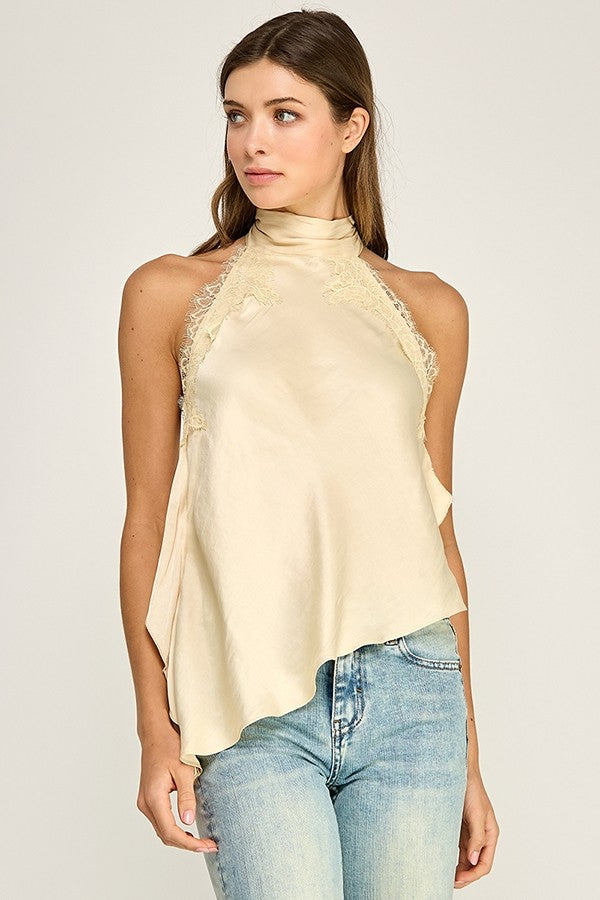 Satin & Lace Asymmetric Halter Top