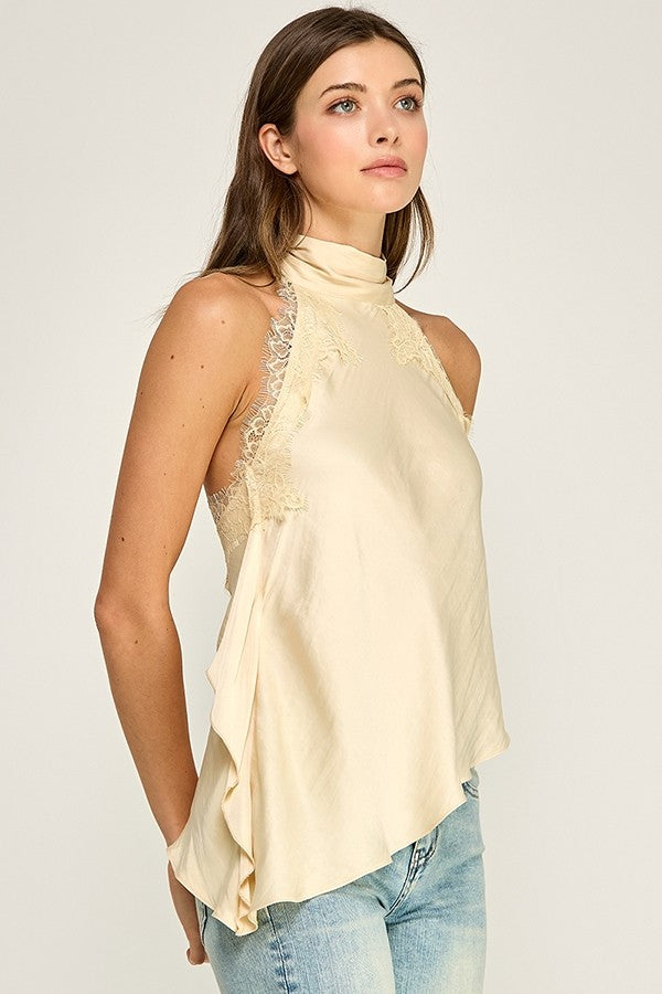 Satin & Lace Asymmetric Halter Top
