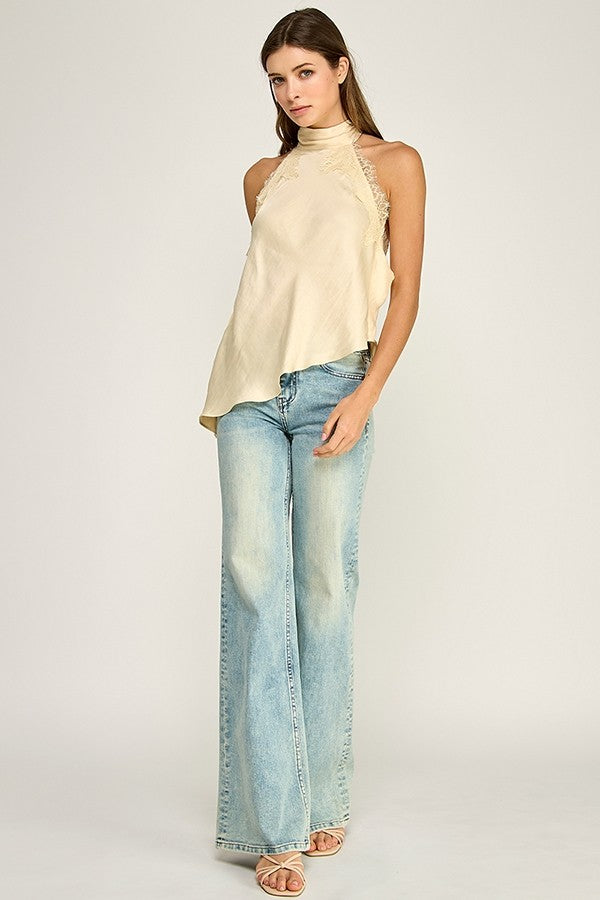 Satin & Lace Asymmetric Halter Top