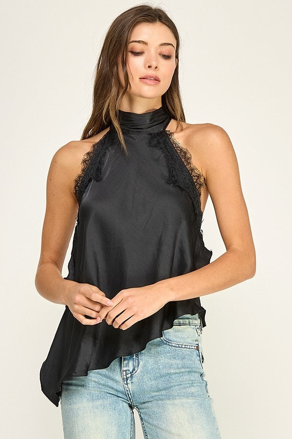 Satin & Lace Asymmetric Halter Top