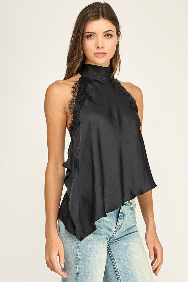 Satin & Lace Asymmetric Halter Top