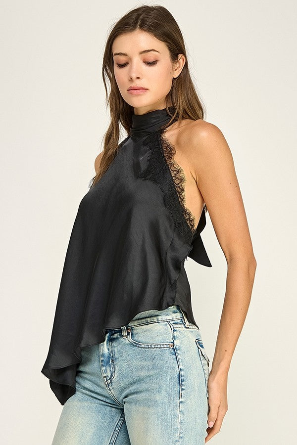 Satin & Lace Asymmetric Halter Top