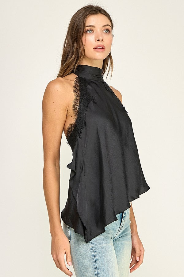 Satin & Lace Asymmetric Halter Top