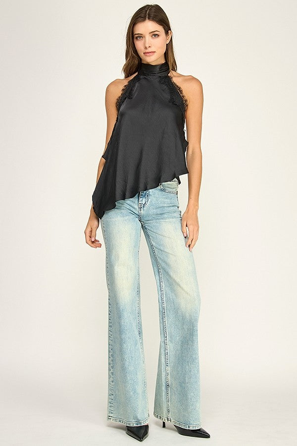 Satin & Lace Asymmetric Halter Top