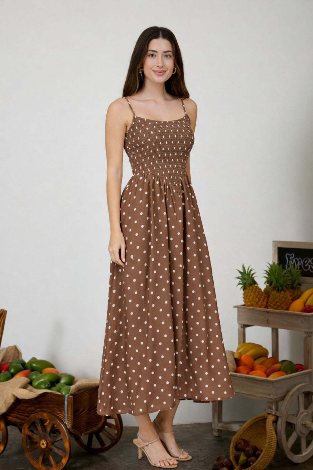 Brown Polka Dot Midi Dress