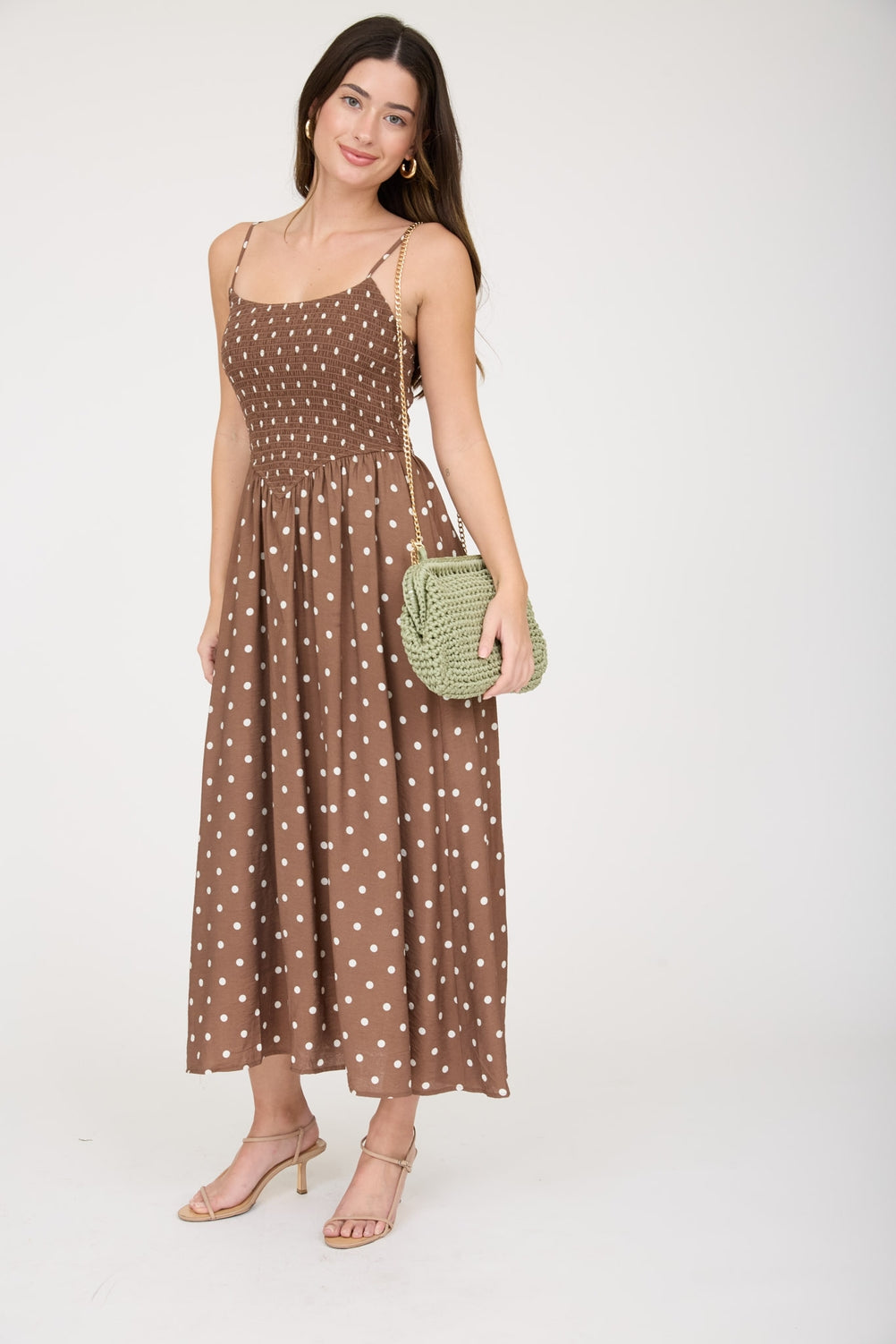 Brown Polka Dot Midi Dress