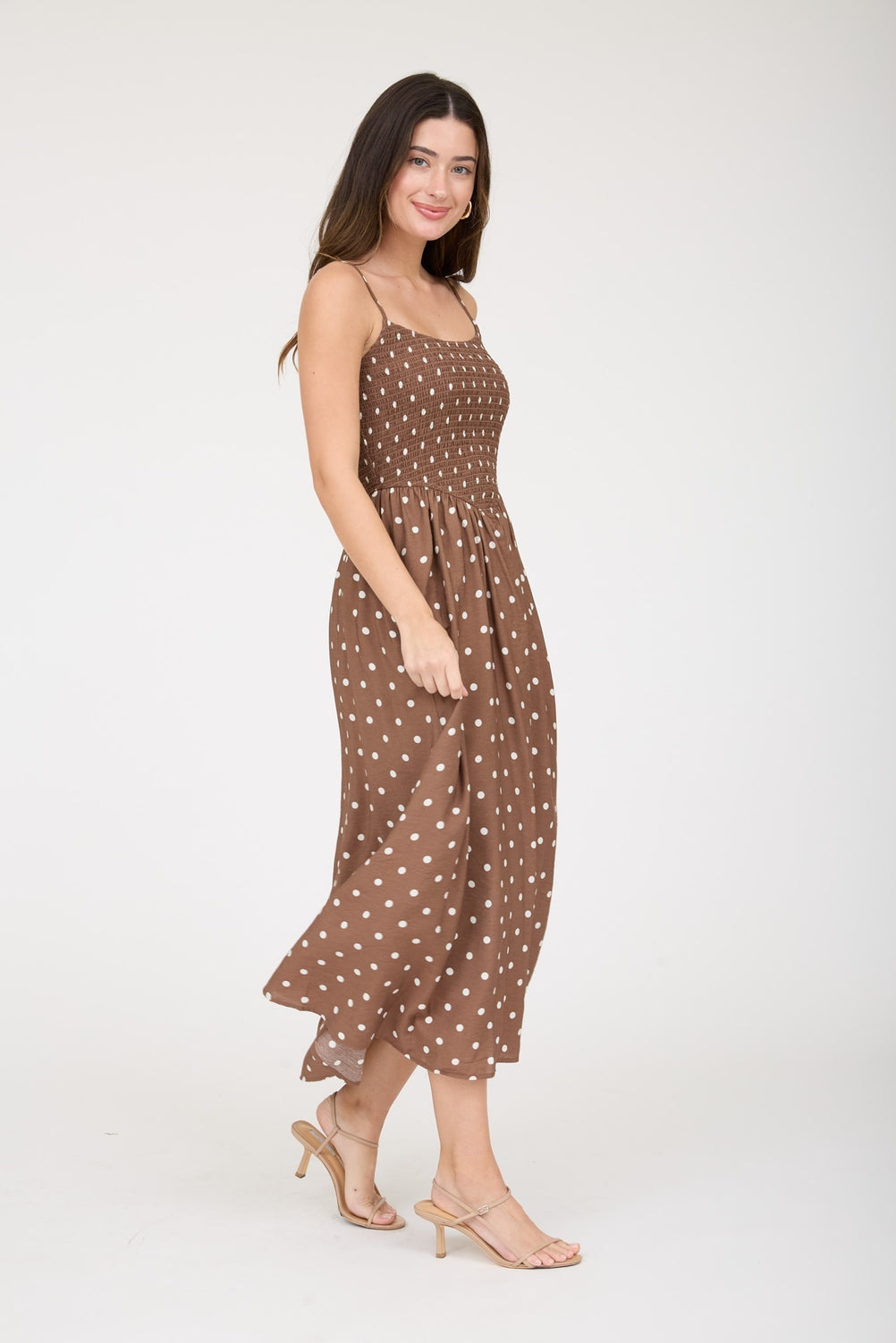 Brown Polka Dot Midi Dress