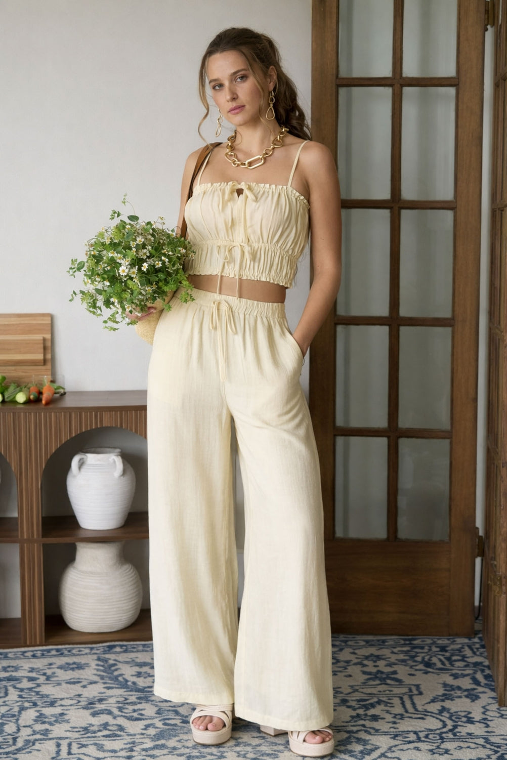 Light Yellow Linen Top & Pants Set