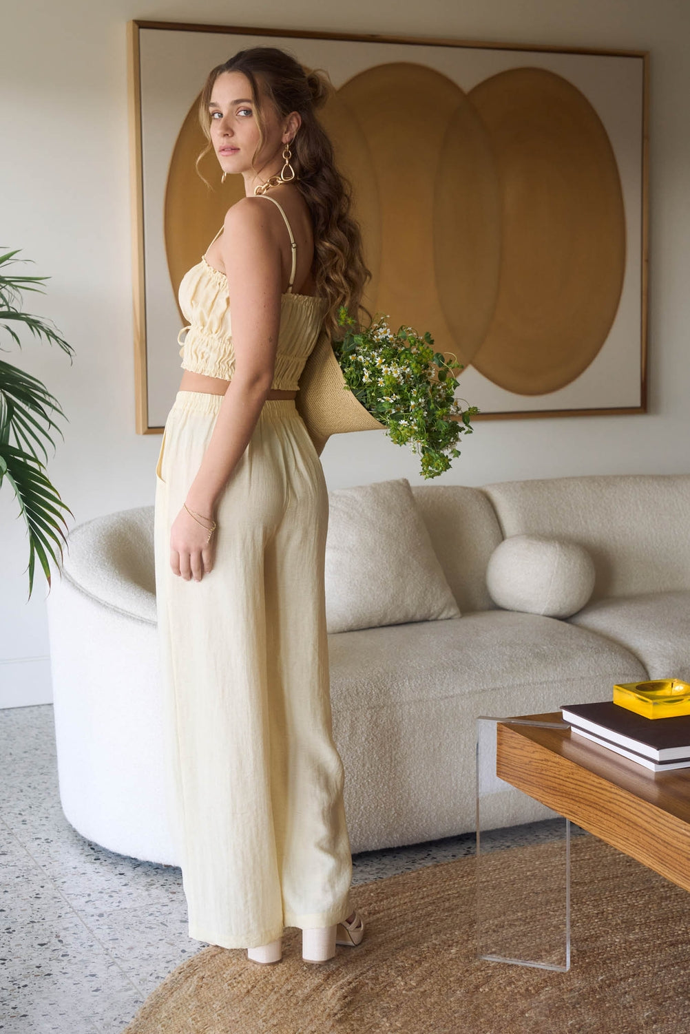 Light Yellow Linen Top & Pants Set