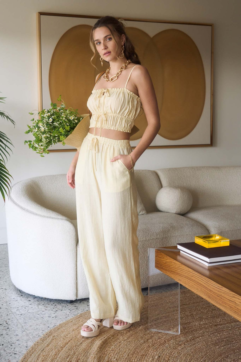 Light Yellow Linen Top & Pants Set